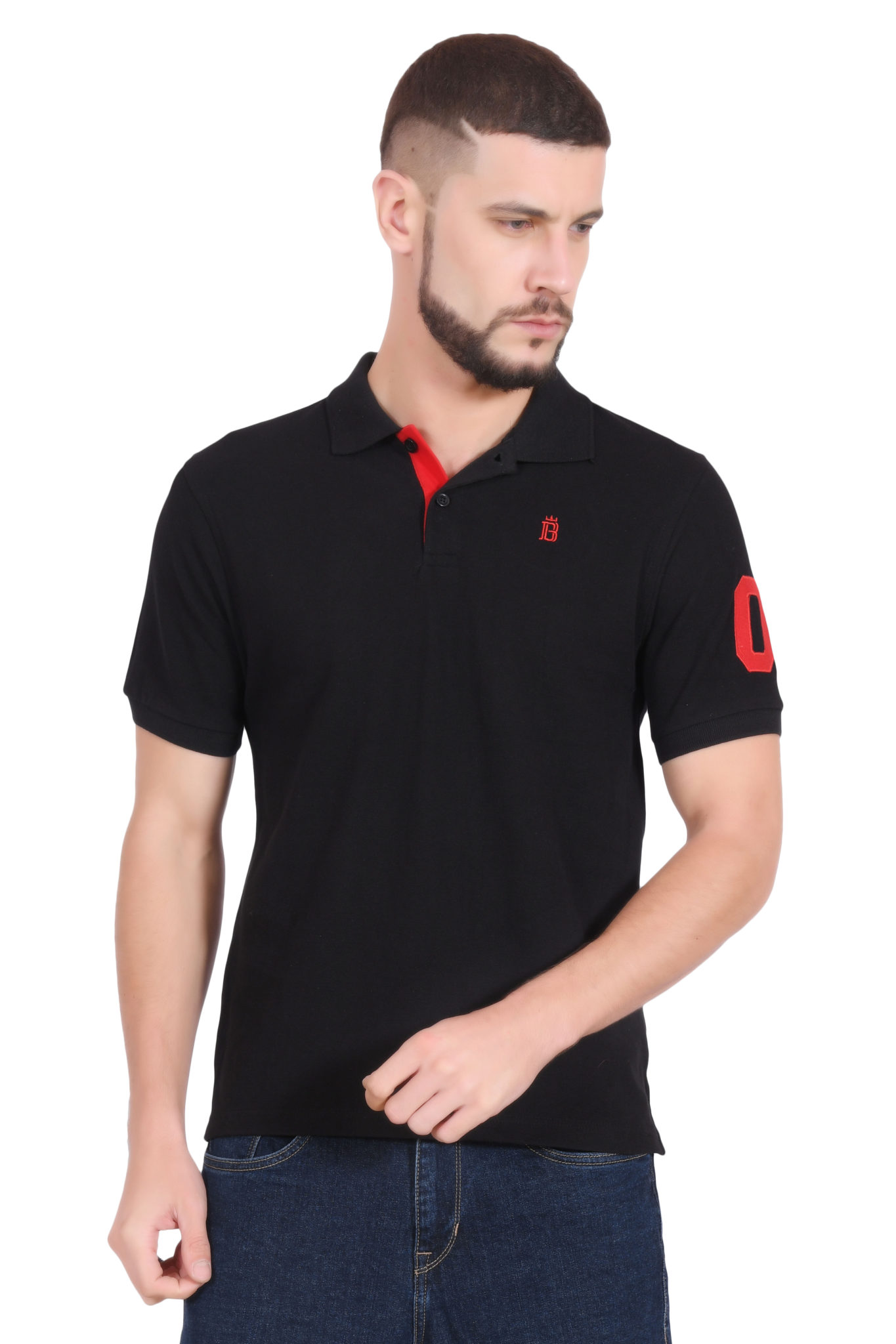 Cotton Polo T Shirt For Men. Plain Solid Design With Collar Black Front Right 