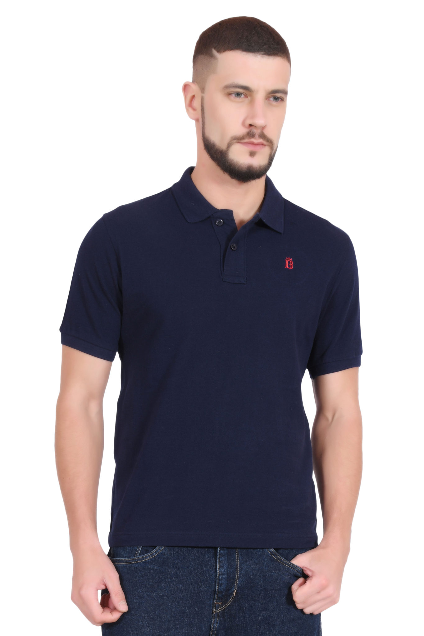 Cotton Polo T Shirt For Men. Plain Solid Design With Collar Navy Blue Front Right 