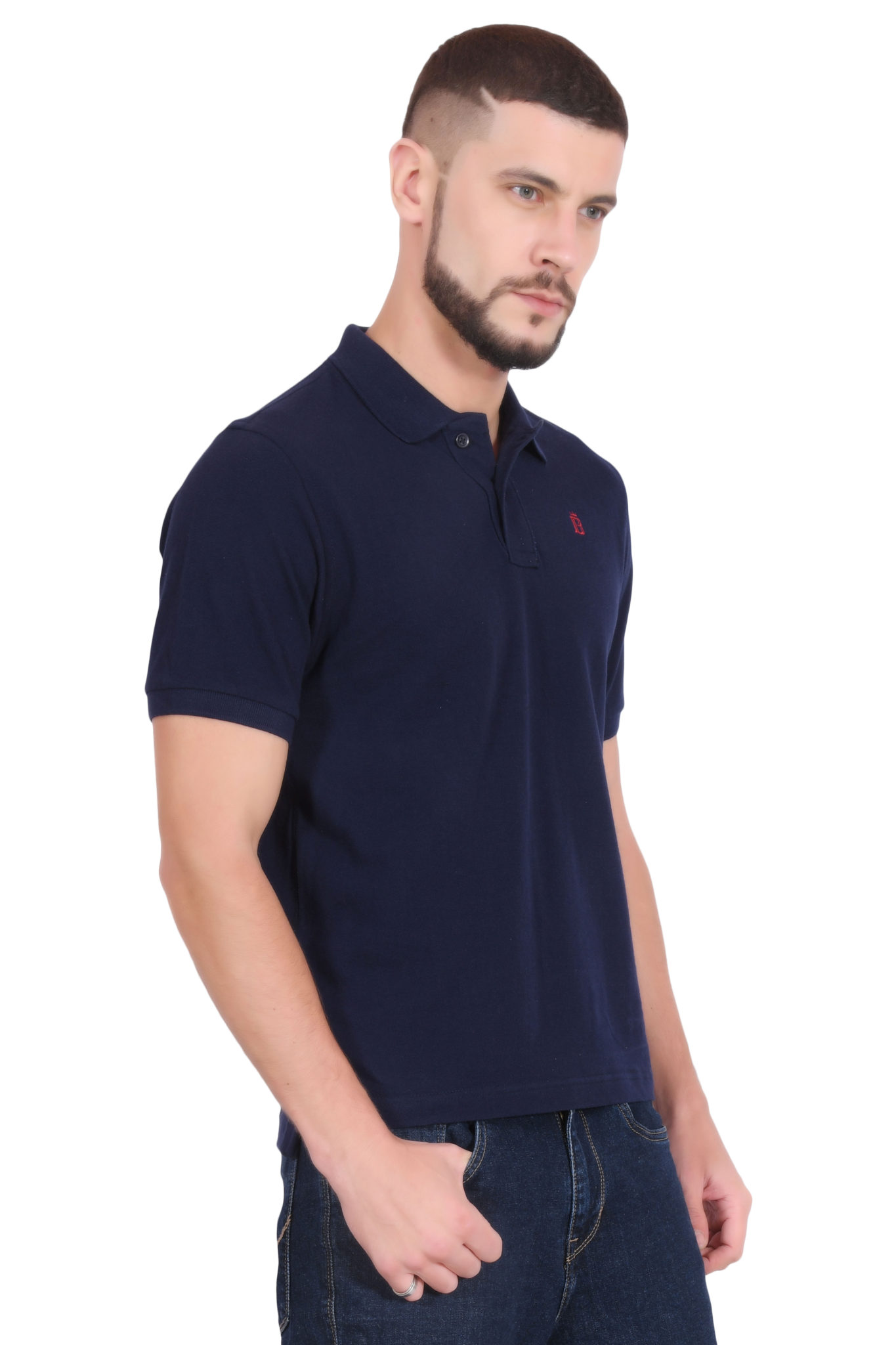 Cotton Polo T Shirt For Men. Plain Solid Design With Collar Navy Blue Right 2 